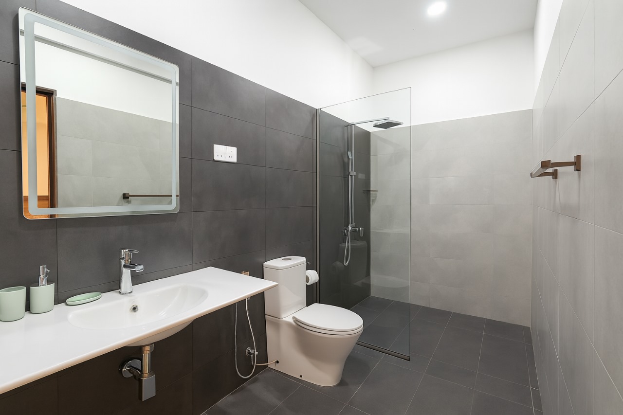 Gray tiled bathroom: white sink, toilet, glass shower, large mirror, green accents.