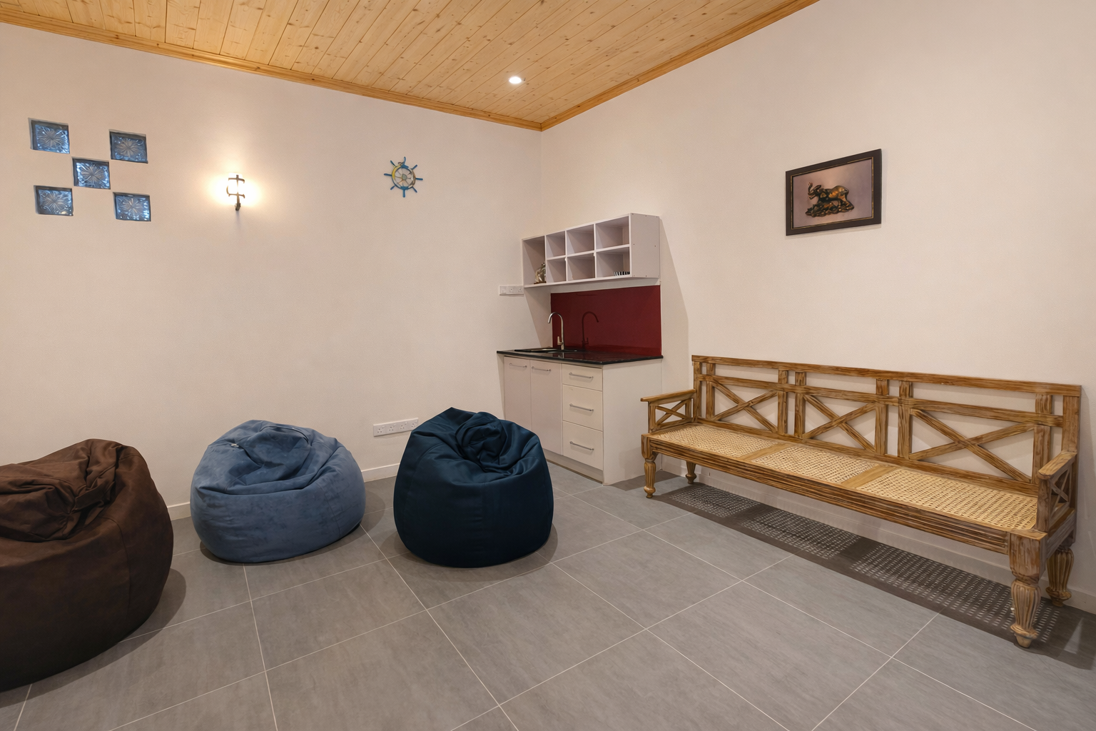 Cozy Lounge Area with Bean Bags and Kitchenette