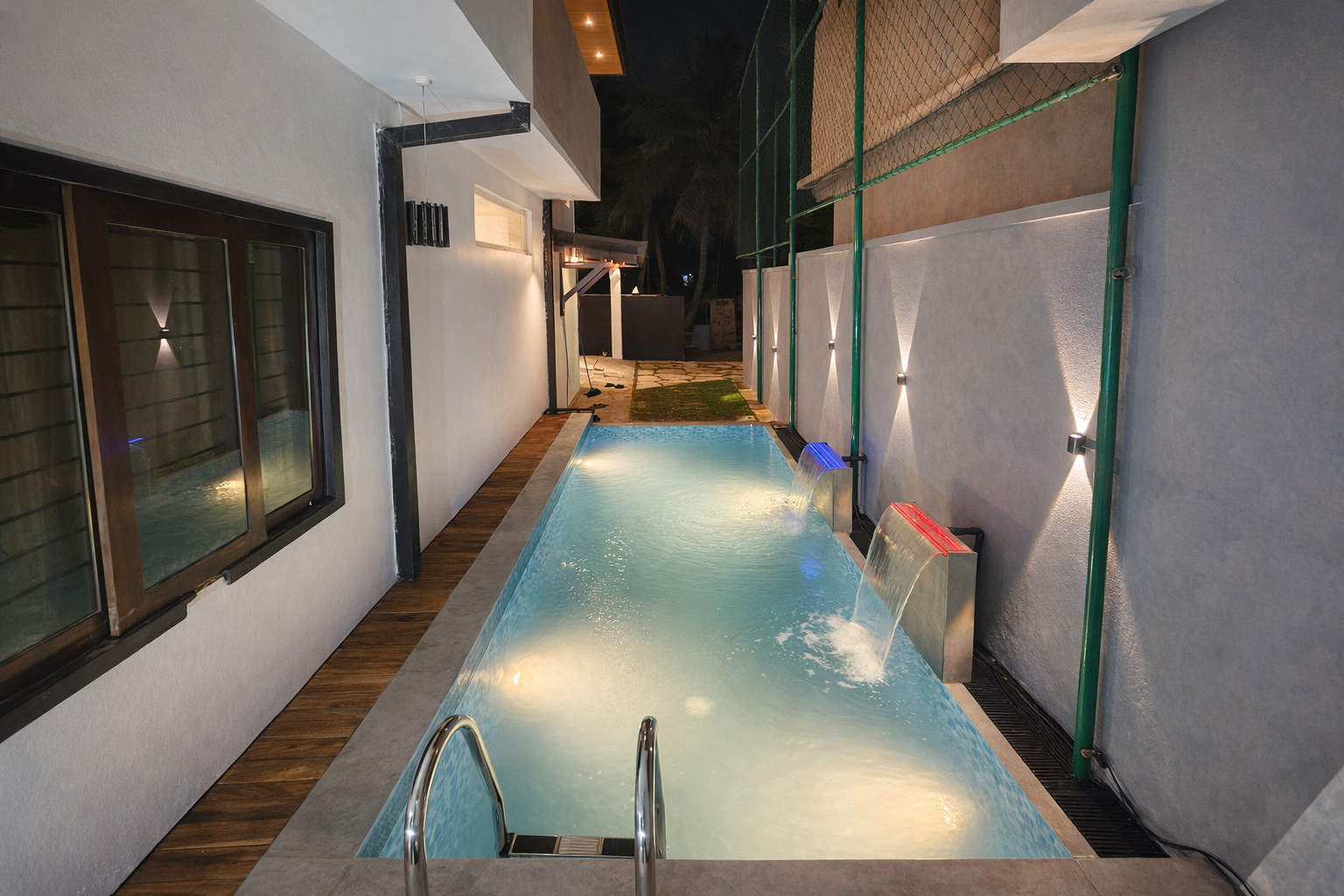 Night‑Lit Private Pool with Water Features